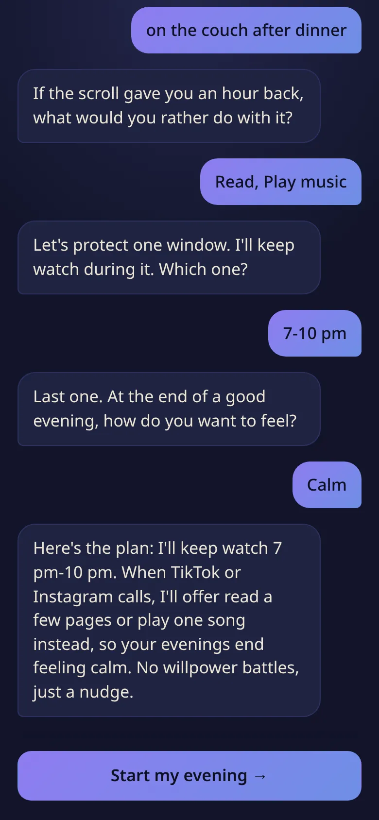 The onboarding chat: the coach asks which window to protect and how you want to feel, then sums up the plan.